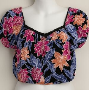 NWT Roxy Tropical Floral Puff Sleeve Crop Top XL Black Pink Blue Summer
